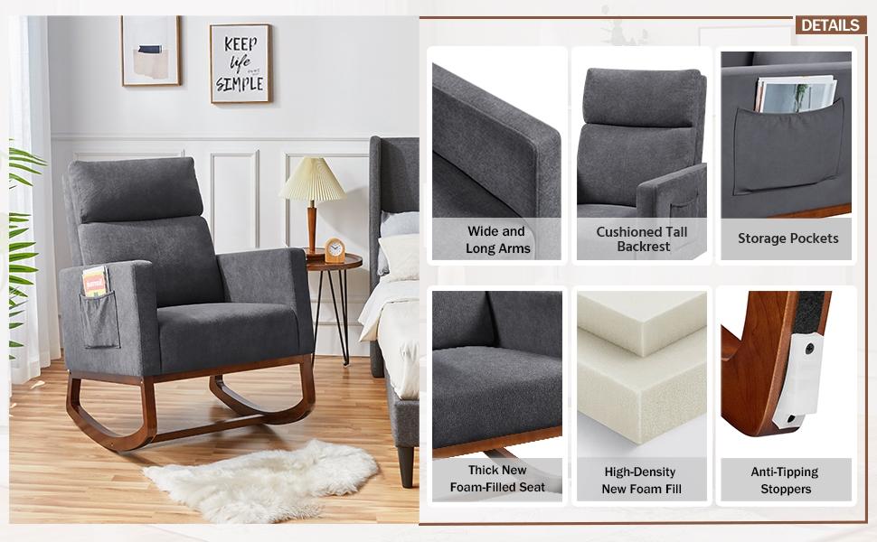 Yaheetech Rocking Chair Upholstered Glider Chair with Solid Wood Legs, Rocking Accent Armchair with High Back and Side Pocket for Living Room Bedroom