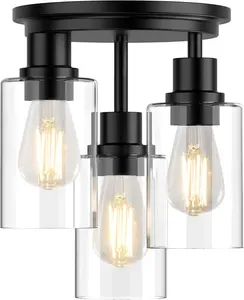 Semi Flush Mount Ceiling Light, Close to Ceiling Lights Fixtures, 3 Light Kitchen Ceiling Lights Fixtures with Glass Shades, Hallway Light Fixtures Ceiling Mount for Foyer, 9.9" x 13", Black