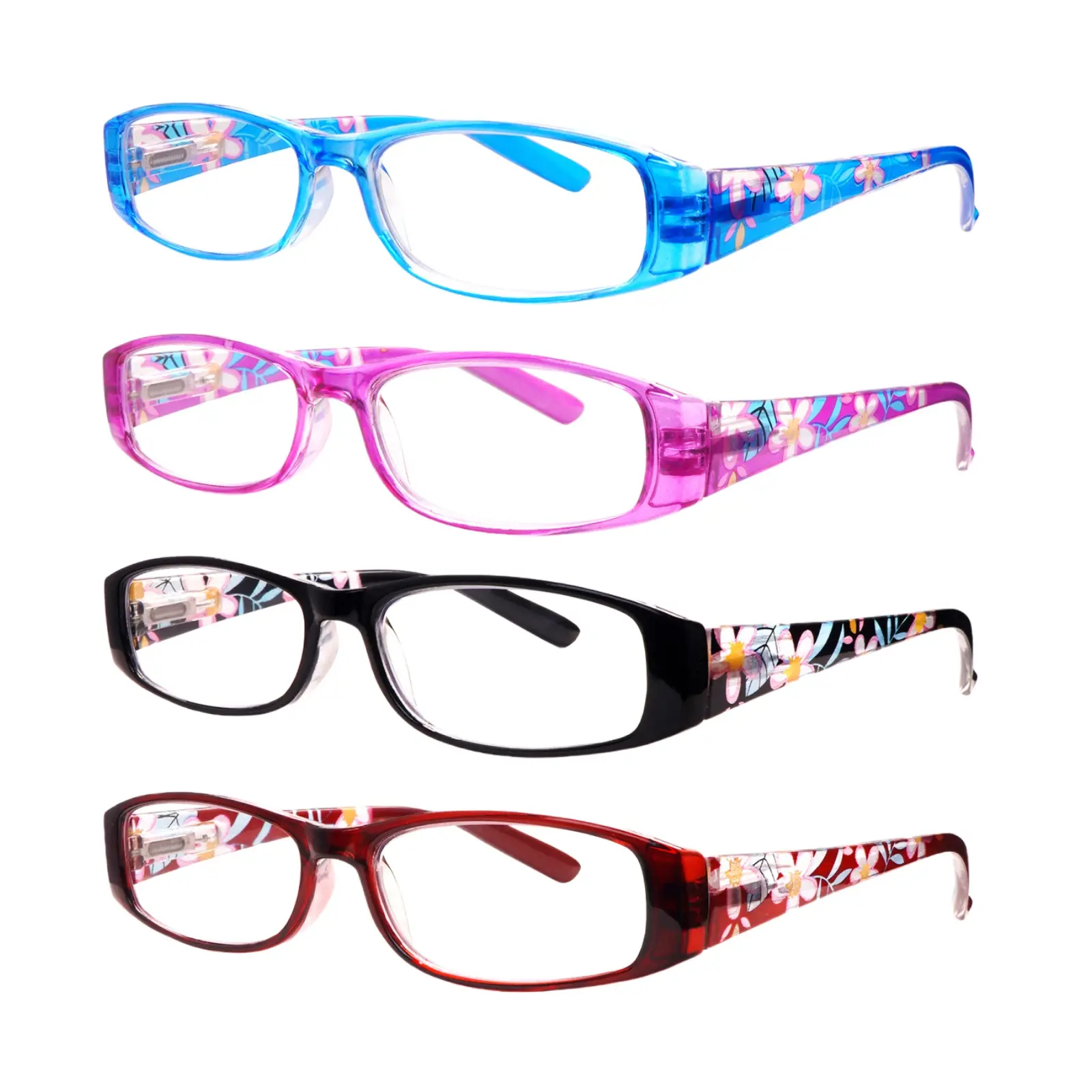 4 Packs Spring-Print Reading Glasses with Narrow Frames and Thick Rims That Block Blue Light, featuring sturdy springs and metal hinges, blending European fashion styles. They help relieve eye strain and are perfect for sophisticated, elegant women.