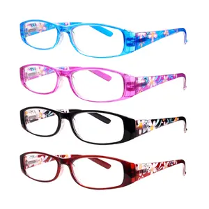 4 Packs Spring-Print Reading Glasses with Narrow Frames and Thick Rims That Block Blue Light, featuring sturdy springs and metal hinges, blending European fashion styles. They help relieve eye strain and are perfect for sophisticated, elegant women.