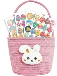Easter Basket,Woven Bunny Egg Baskets with Handles, Empty Egg Hunt Bags, Gift Basket for Kids Boys Girls(pink)