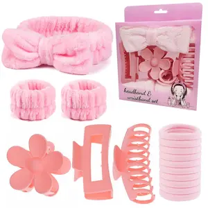 16PCS Spa Headband Set for Women Teens Girls with 3 Cute Claw Clips, 10 Hair Ties, 2 Wristbands, 1 Headband, Face Wash Makeup Skincare Gift Box