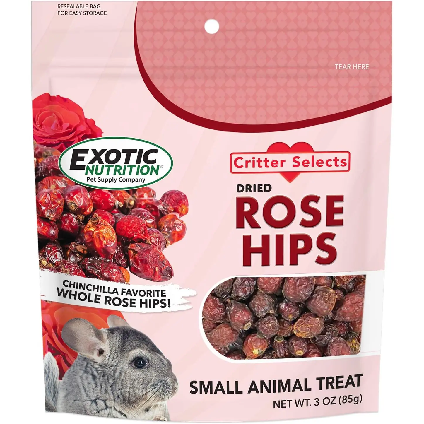Exotic Nutrition Dried Rose HIPS (3 oz.) - Healthy Natural Treat - Chinchillas, Guinea Pigs, Rabbits, Prairie Dogs, Degus, Hamsters, Rats, Squirrels, Parrots, Chickens, Ducks & Other Small Pets