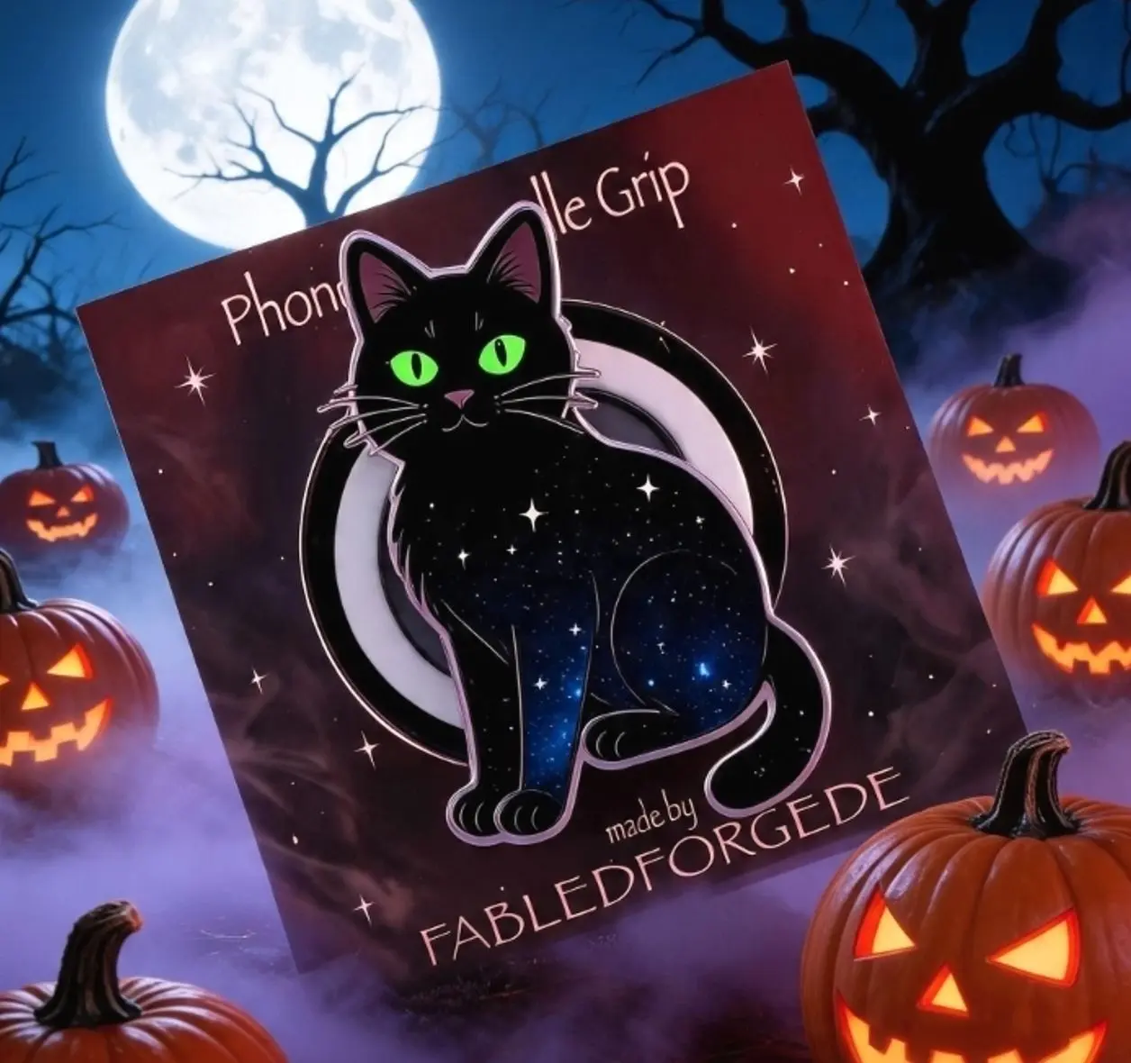 Black Cat Galaxy Phone Grip – Crescent Moon Witchy Enamel Pin, Mystic Cat Lover Phone Accessory
