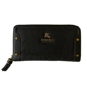 Pre-owned BURBERRY Wallet Small Leather Goods long black leather zippy Authentic with COA