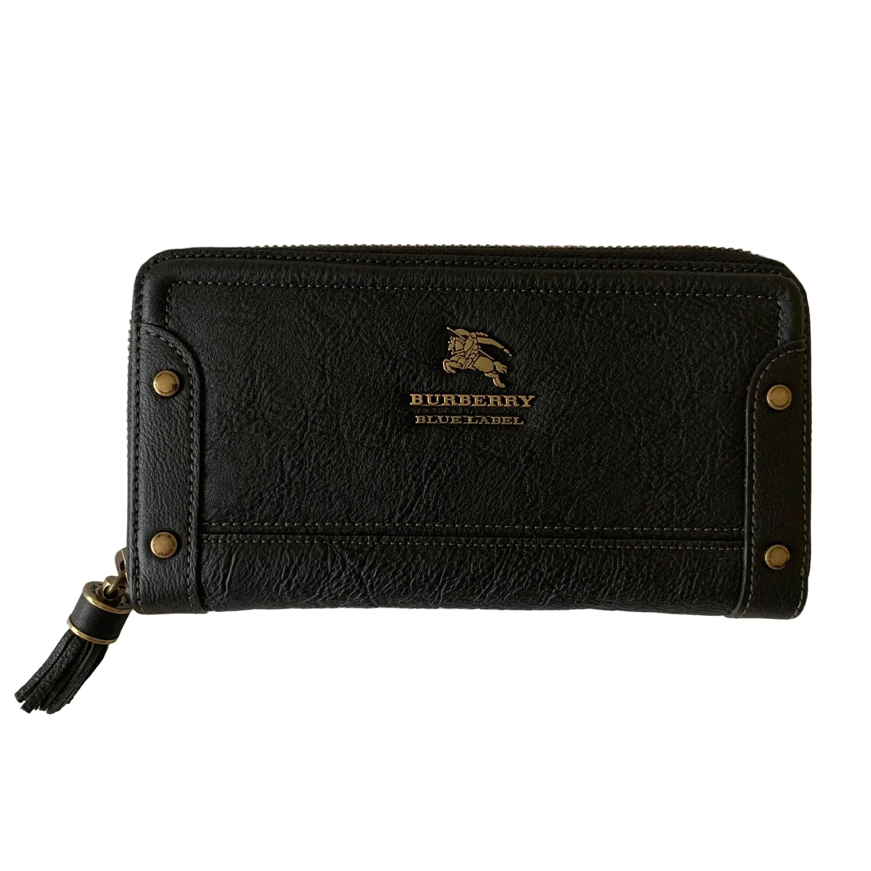 Pre-owned BURBERRY Wallet Small Leather Goods long black leather zippy Authentic with COA