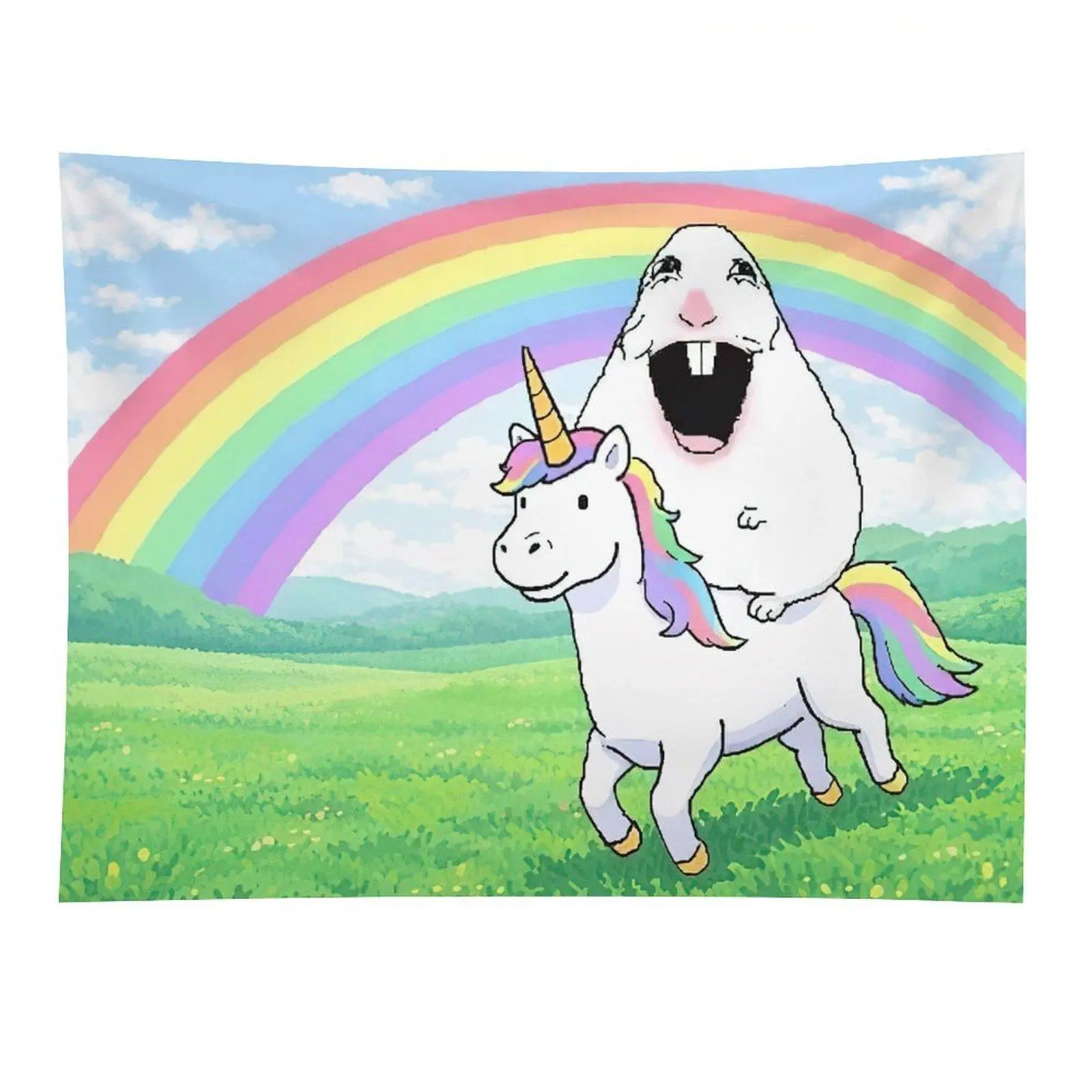Capybara Riding Unicorn Tapestry Funny Rainbow Animal Meme Wall Hanging Decor