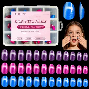 Jsiallye 72Pcs Blue Cat Eye Press on Nails for Kids, Jsiallye Short Almond Press On Nails For Girls, Pre-glue Full Cover Glossy Glitter Cat Eye Fake Kid Nail Tips Stick On Nails in 12 Sizes