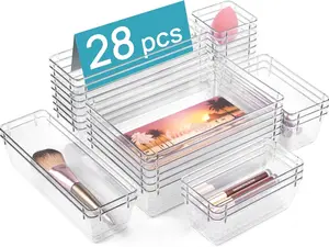 28 PCS Clear Plastic Drawer Organizers Set, 4-Size Bathroom and Vanity Drawer Organizer Trays, Acrylic Storage Bins for Toiletries, Makeup, Cosmetic, Kitchen Utensils, Tool, Gadgets