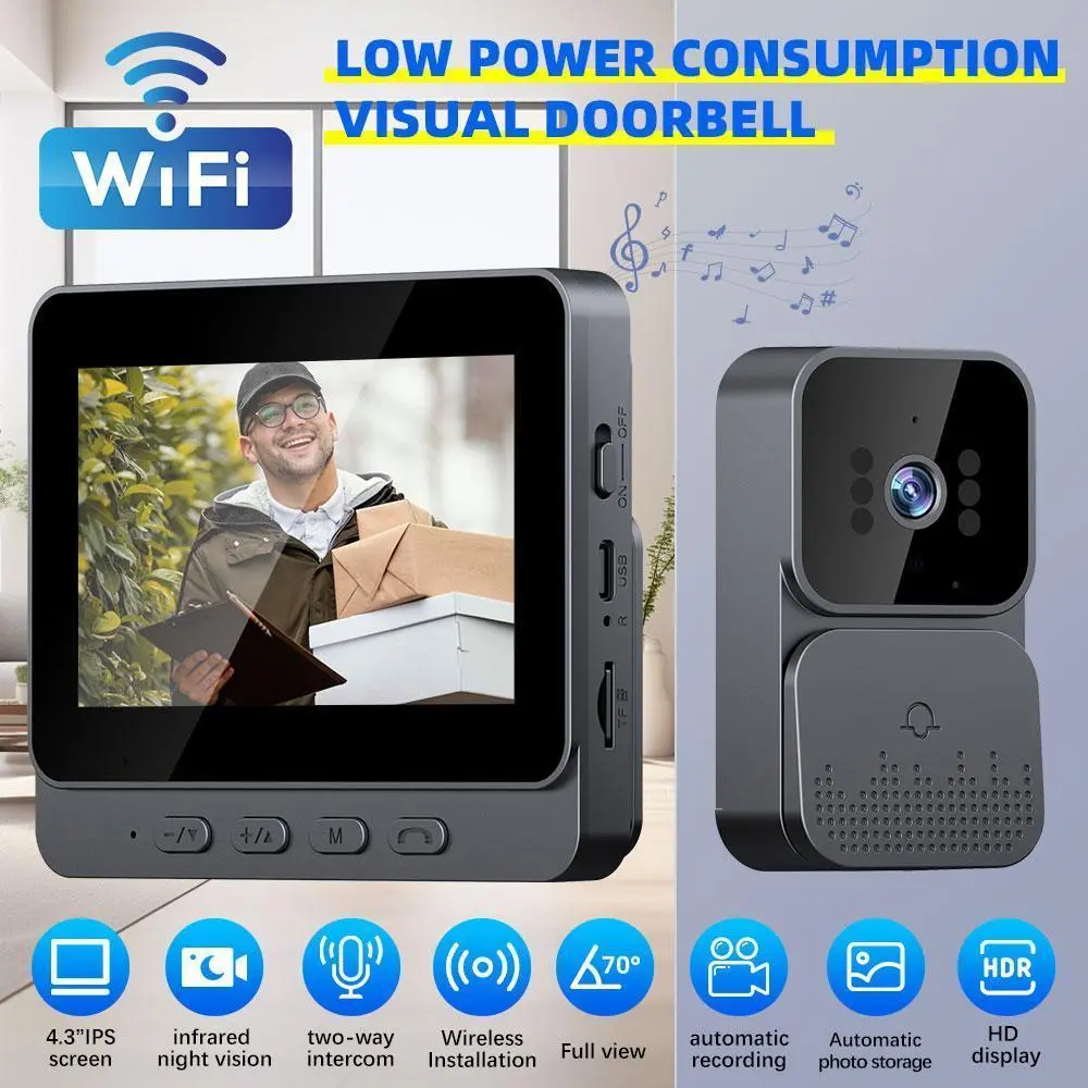 4.3-inch IPS Screen Wireless Video Doorbell Camera with 2.4G WiFi Two-Way Intercom Infrared Night Vision Ultra-Long Standby Built-in Speaker and 128G SD Card Support Perfect Valentine’s Day Gift