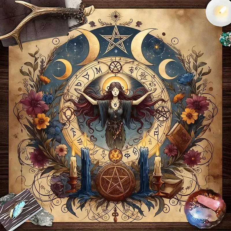 1pc Mystic Celestial Enchanted Square Altar Cloth Witchy Mystical Tablecloth Tarot Card Spread Reading Cloth Table Mat Decor Tarot Reading Cloth, Tapestry Wall Hanging Home Wall Rugs, Room Decor, Perfect Gift for Seasonal Occasions and Celebrations