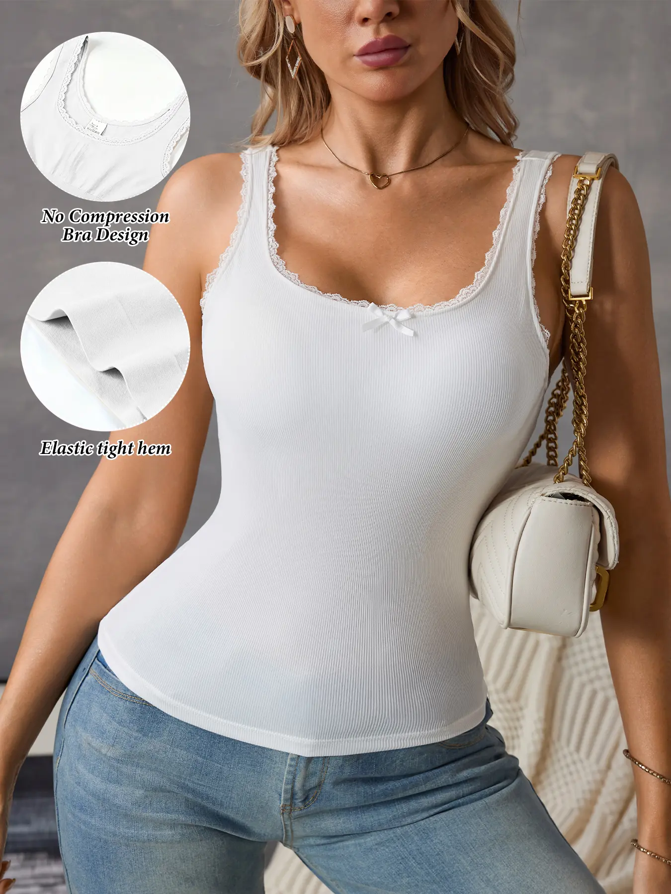 JUQDNX Women's Lace Trim Shaping Camisole with Built-In Padded Bra, Sleeveless Ribbed Tummy Control Tank Top for Layering, Minimalist, Casual, Basic, Women's Clothes
