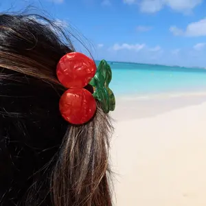 Cherry Claw Clip - Cute Fun Girly Summer Claw Clip for Long Hair with Vibrant Red Cherries and Green Leaves Cool Translucent