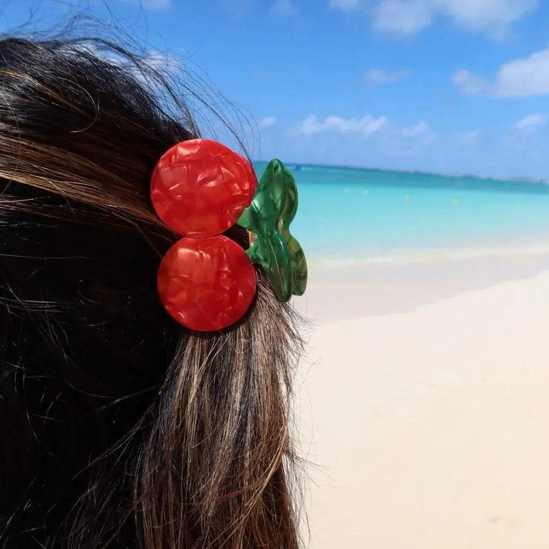 Cherry Claw Clip - Cute Fun Girly Summer Claw Clip for Long Hair with Vibrant Red Cherries and Green Leaves Cool Translucent