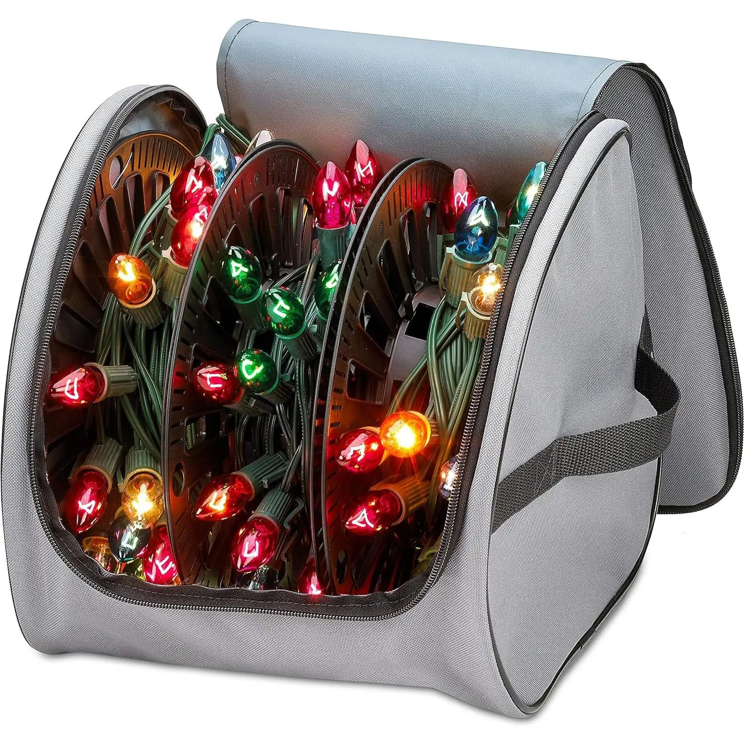 Premium Christmas Light Storage Organiser Bag - Heavy-Duty 600D Tear-Proof Material, Reinforced Handles, 3 Reels Included - Stores Up to 375 Ft Mini Lights & Extension Cords, Grey with PVC Lining