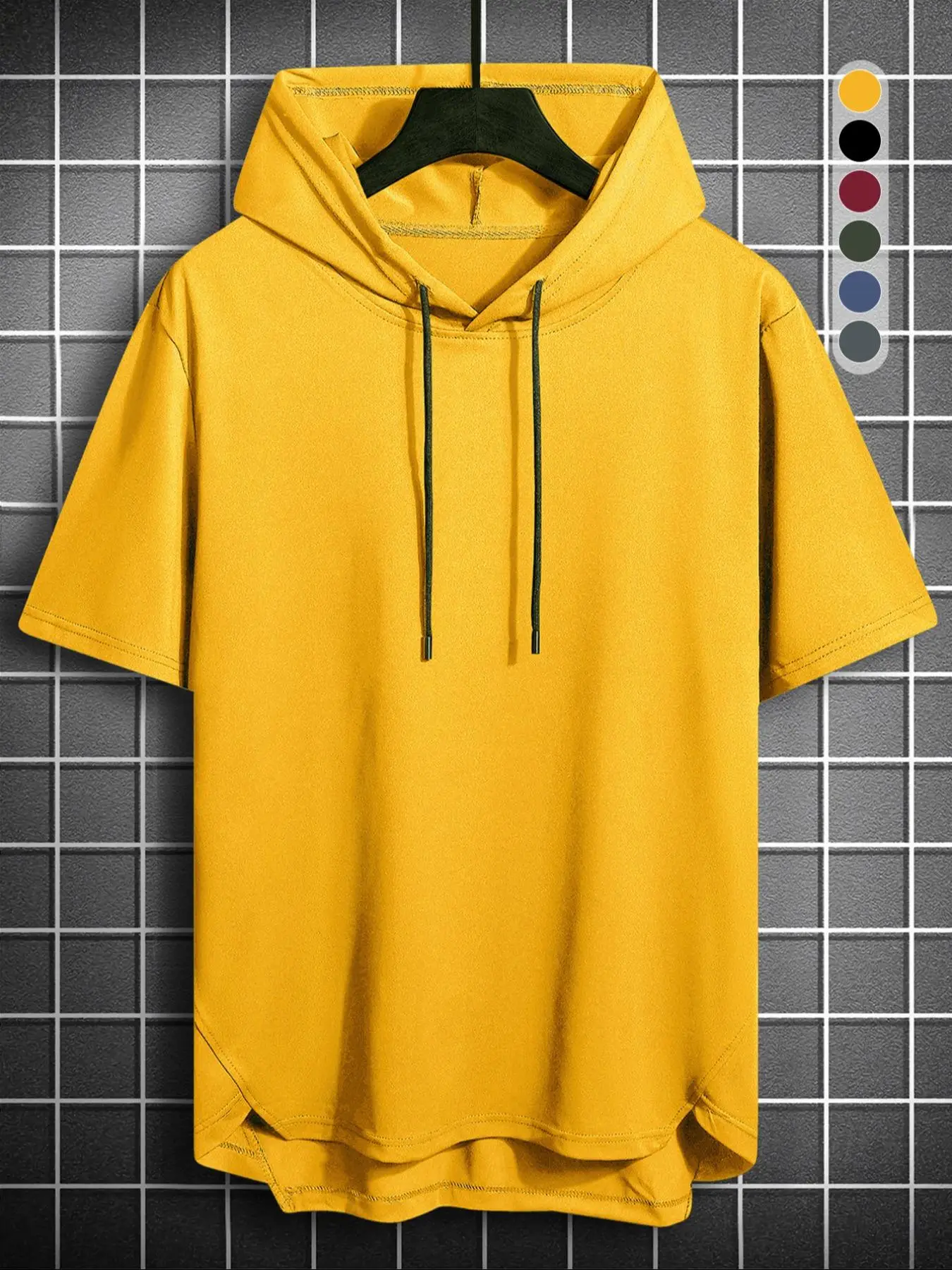 Men's Plain Regular Fit Short Sleeve Drawstring High Low Hem Hooded T-shirt, Casual Lounge Tee with Hood, Pullover, Summer Clothes for Men, Summer Out