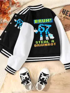 Boys' Spring & Fall Cartoon Print Baseball Jacket, Comfortable Casual Sports Outerwear, Fitted Micro-Elastic Fabric, Perfect Gift