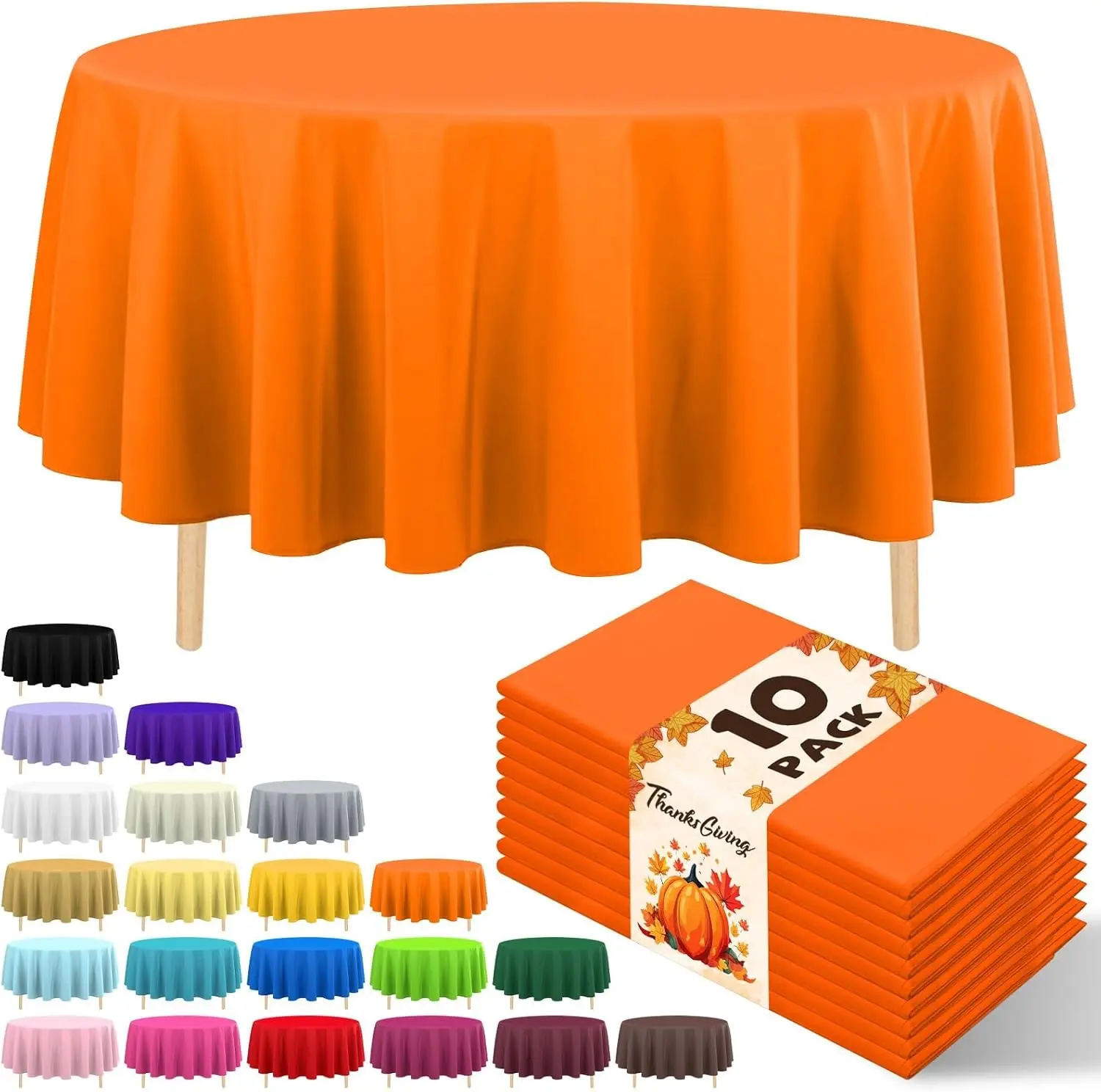 10 Pack Premium Disposable Plastic Tablecloth 84" Round Table Cover for Birthdays Weddings Christmas Anniversary Buffet Table (Orange)