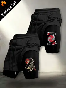 Japanese Street Style Koi Print Dual-Layer Quick-Dry Shorts, Elastic Breathable Anti-Exposure Pants, Men's Gym Running Gym Shorts, Breathable Sport Shorts