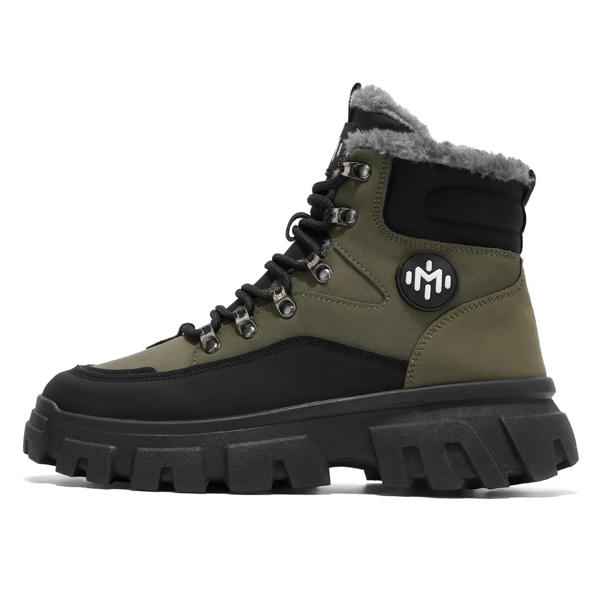 Men's Ultra Warm Fleece Fur Lined Platform Military Combat Boots - 2-Tone Waterproof Color Block Lace-Up High-Top Ankle Snow Boots with Rugged Deep Lug Anti-Slip Traction Sole for Cold Weather Hiking Construction Outdoor Work (Green)