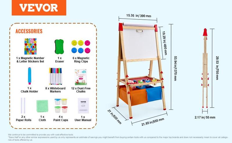 VEVOR 2-in-1 Kids Art Easel Double-Sided Wooden Magnetic Whiteboard Chalkboard，Christmas gift