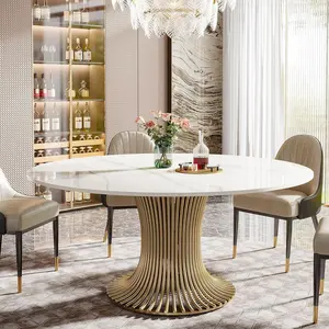 Tribesigns 59" Modern Sintered Stone Round Dining Table for 6-8, Luxury White Kitchen Table with Golden Stainless Steel Pedestal for Dining Room, Living Room