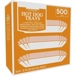 500 Pcs 8 Inch Disposable White Paper Hot Dog Trays Fluted Hotdog Boats Holders Containers for Concession Stand Hot Dog Cart Accessories