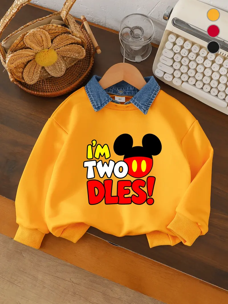 Mickey Two-Year-Old Cute Memorial Boys' Sweatshirt, Mickey Elements with 'i'm Two Dles!' Text, Casual Long Sleeve Fitted Style