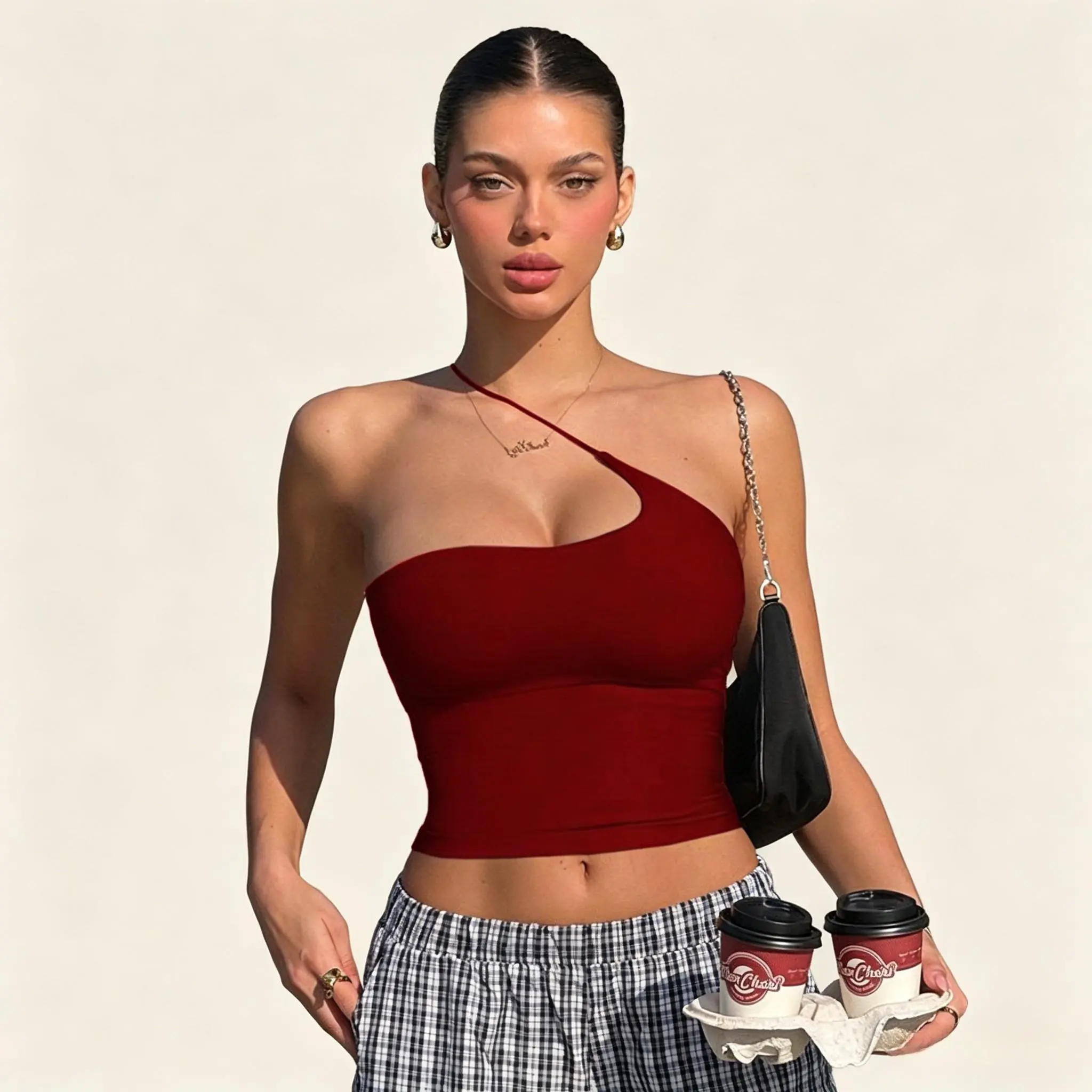 Asymmetrical 1-Shoulder Yoga Crop Top for Women, Solid Color Gym Workout Apparel with Built-in Padded Bra, Gym Apparel, Gym Workout Clothes