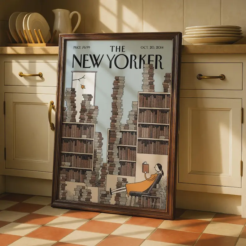 The New Yorker Cover Poster, Library Reading Art Print, Book Lover Wall Art, Oct 2014
