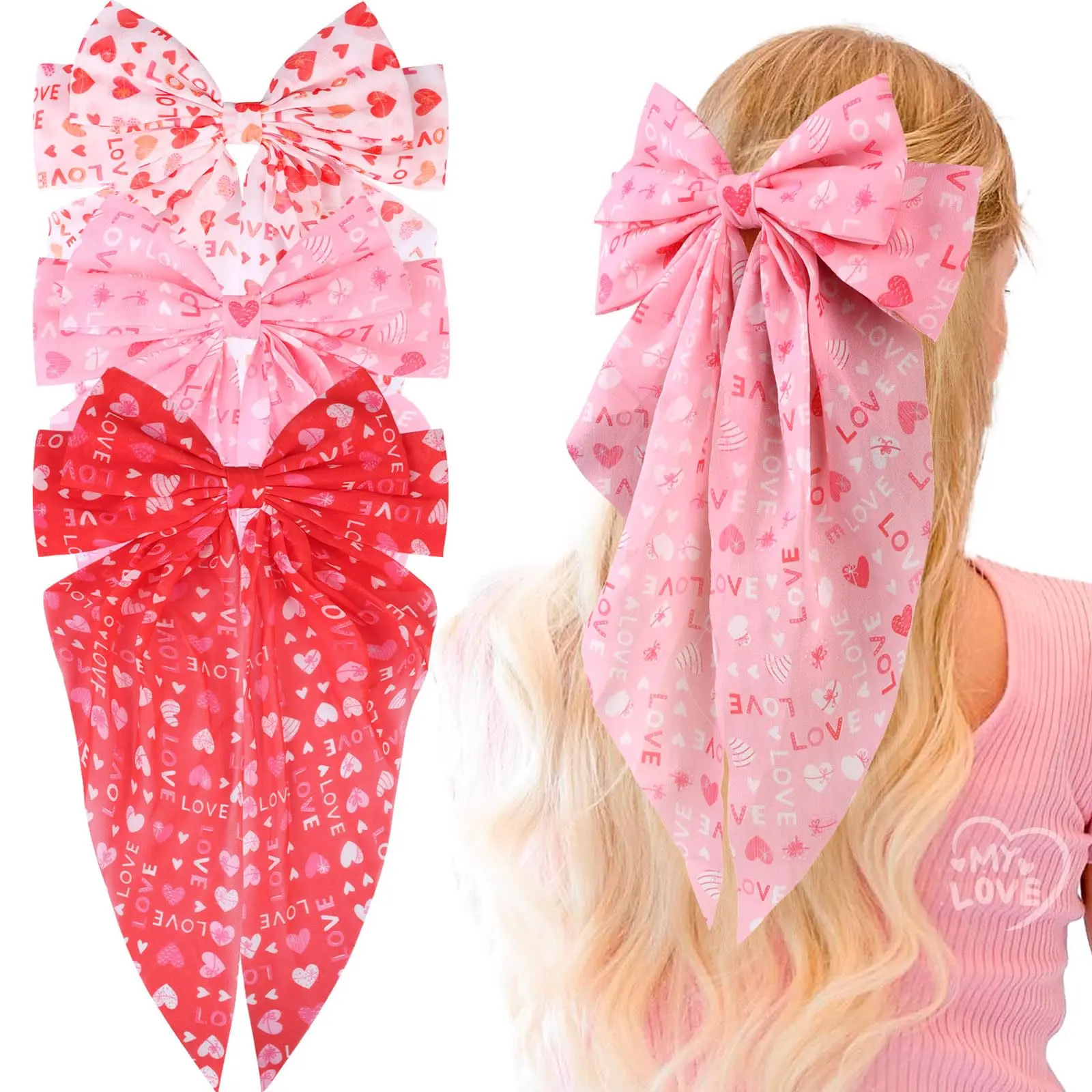 Valentines Hair Bows for Women, 3PCS Large Pink Oversized Hair Bows Clips with Long Tail, Love Heart Vintage French Hair Accessories for Women Girls