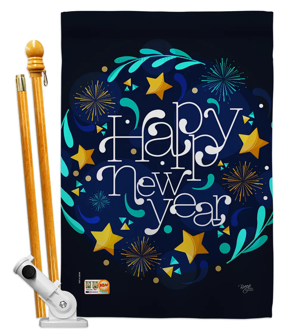 Breeze Decor 28"x40" Eco-Friendly Vertical Double-Sided Wood Print House Flag Set with Pole, Bracket Hardware (BD-NE-HS-116013-IP-BO-D-US18-BD) - Weatherproof, Adjustable, Vertical Display, All Ages New Year Winter Hanging Wall Decoration, House Flags
