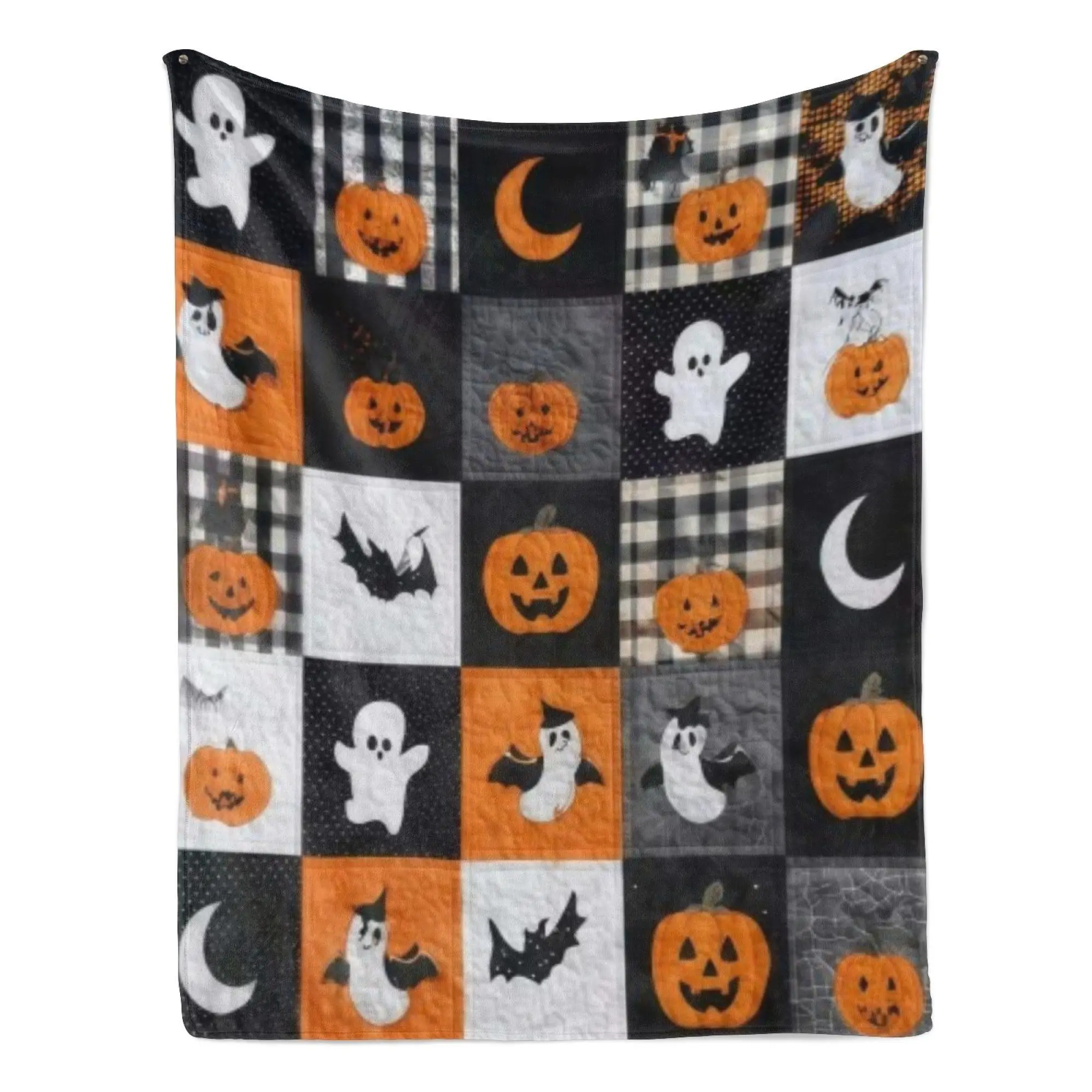 Halloween Ghost Pumpkin Festive Print Flannel Blanket, Traditional Flat Weave Buffalo Plaid Plush Throw, Soft Cozy Indoor Use Blanket for Sofa Bed, Room Decor Gift, Home