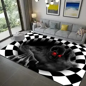 2D Vortex Skull Checkerboard Flannel Area Rug - 2D Illusion Red Eyes Skeleton Print Soft Mat for Living Room, Non-Slip Gothic Home Decor #2DSkullRug #CheckerboardVortexMat #GothicHomeDecor #2DIllusionCarpet #NonSlipFlannelRug