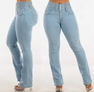 Womenswear – Women’s High Waist Light Wash Bootcut Jeans, Push Up 3 Button Spandex Waist Tummy Control Stretch Denim – MX JEANS by ModaXpress