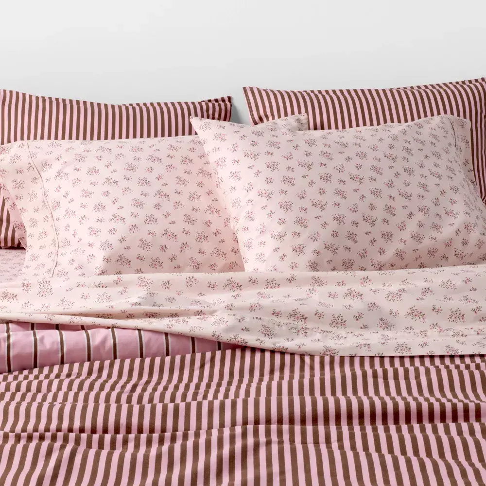 Full Percale Sheet Set Pink Ditsy Floral Pink - The Hollister