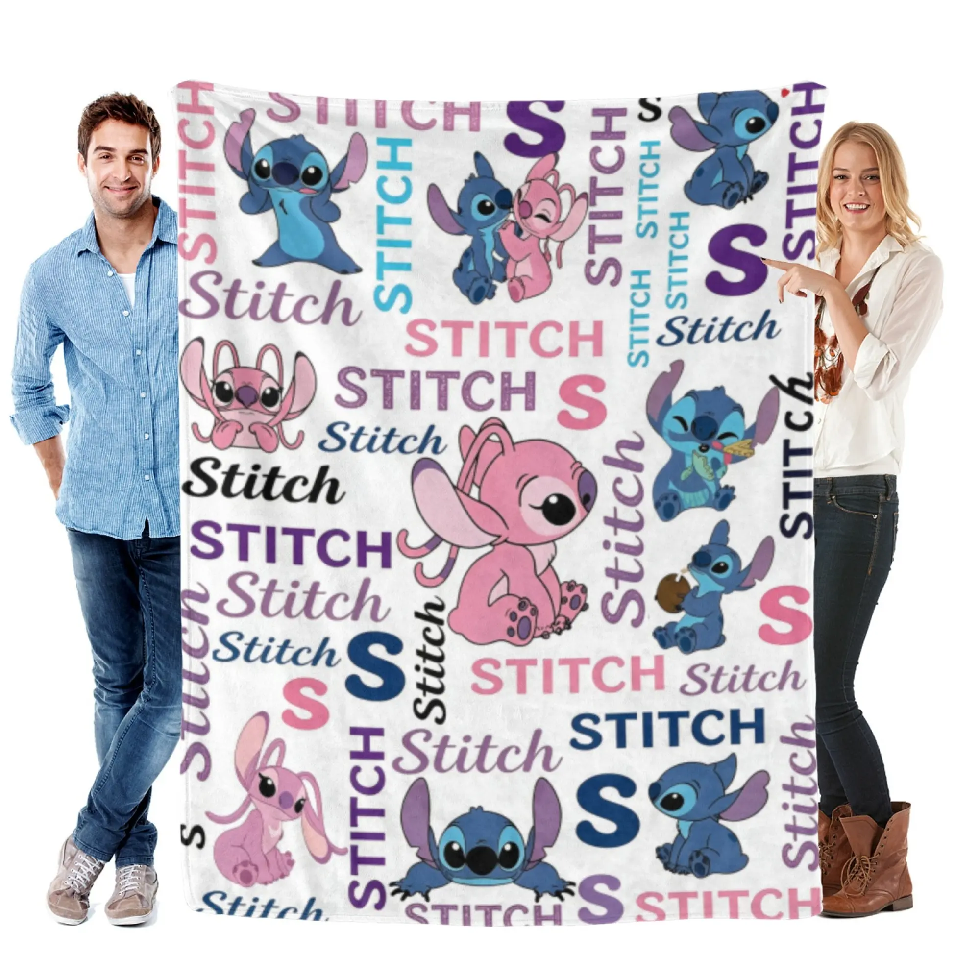 [SummerVibes] DISNEY CLASSIC Stitch & Angel Custom Name Flannel Blanket - Soft 2D Print Throw for Kids Bedroom & Couch
