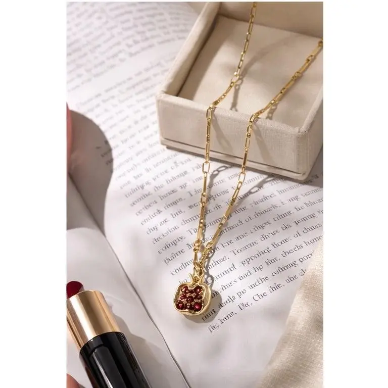 Pomegranate Pendant Necklace - 18K Gold-Plated Bar-Link Chain with 16K Gold-Filled Charm & Red Micro Pavé Accents - 22" Length - Perfect for Everyday & Dressed-Up Looks