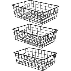 3 Pack Extra Large Wire Storage Baskets with Metal Handles, Black Metal Organizer Baskets Perfect for Pantry Cabinet Fridge Kitchen Wardrobe Garage Bathroom