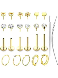 25 Pcs Golden Hypoallergenic Nose Cartilage Set for Women Men Safe Surgical Steel Copper User-friendly Threadless Push-in Design Shiny CZ Nose Studs Hoops Flat Back Earrings Diverse Piercings for Nose Helix Tragus Cartilage Sturdy Delicate Jewelry Gift