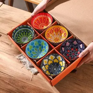 Boho Style Ceramic Bowl Set, 6 Counts/set Colorful Flower Pattern Dessert Soup Bowl, Ceramic Pasta Bowls, Tableware, Dinnerware Sets, Housewarming Gift for Home Kitchen Dining Room Use, Housewarming Gift Ideas