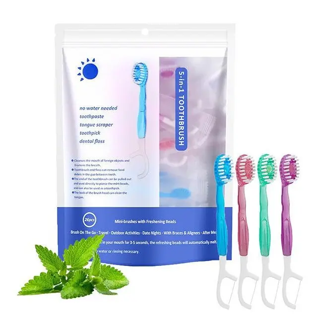 26-Pack 5-in-1 Disposable On-the-Go Toothbrushes for Adults, Oral Cleansing Kit with Toothpaste, Floss, Pick, Tongue Cleaner - Soft Bristles, Mint Flavor, Individually Wrapped Daily Size for Date Night, Long-Distance Travel