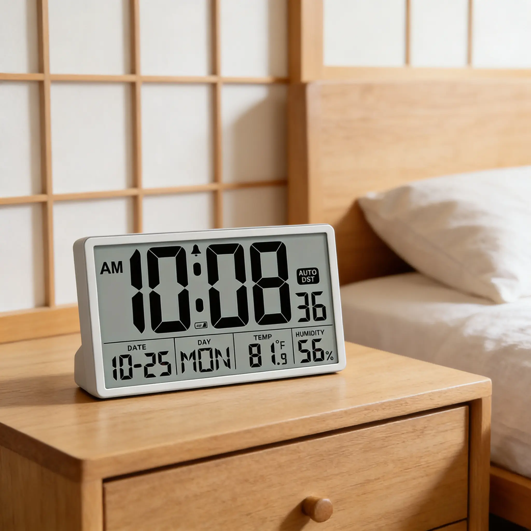 8-in Modern Rectangle Multi-Function Digital Clock - Large Display LCD with Jumbo Visible Numbers, Indoor-Outdoor Temp-Date Display, Automatic DST, Sturdy Metal, Battery-Powered, Ideal Home Office & Birthday Gift, Black/White, Plastic