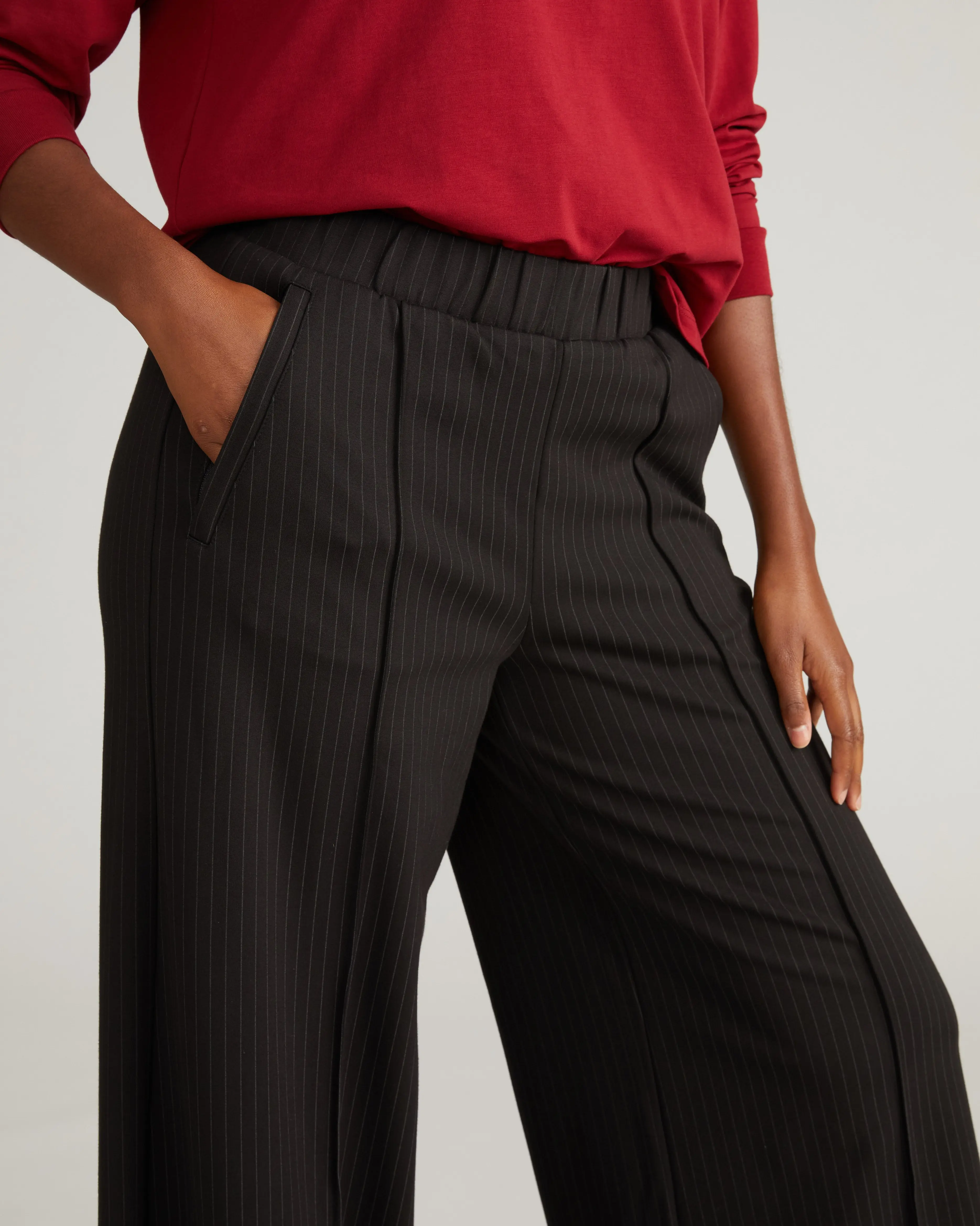 Women's Cute Pinstripe Ponte Pants, Effortless and Comfy Wide Leg Trousers with Pintuck Detailing, Bottom, Soft, Elastic, Bottoms, Stretchy, Effortless Pants, Casual Chic Pants