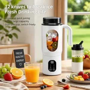 Portable USB Rechargeable Handheld Juice Blender - White Plastic Mini Kitchen Appliance, LED Display, Li-Ion Battery, for Smoothies, Ice Crushing