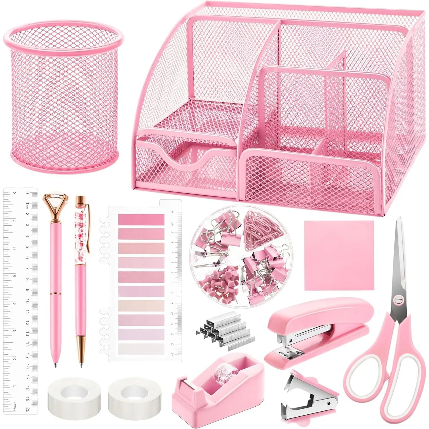 Women's Metal Mesh Multi-Use Desk Organizer Kit - Paper Organizer Storage, Pencil Holder, Stapler, Tape Dispenser, Staple Remover, Clips, Ruler, Scissors, Sticky Notes - Office Accessories for Office, Home (Back to School Haul, Coworkers Gift Option), Mul