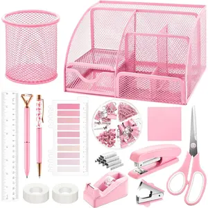 Pcs Pink Office Supplies Set Mesh Desk Organizer Accessories Kit include Stapler Tape Dispenser Staple Remover Clips Ruler Scissors Sticky Notes for Office School Home Women (Pink)