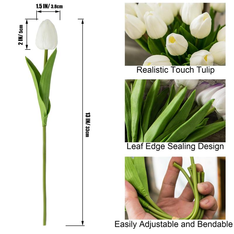White Real Touch PU Artificial Tulips for Easter Valentine's Day Wedding BabyShower Table Centerpieces Mantel Shelf Bedroom Living Room Kitchen Home Decor RealisticSpring Flowers Fake Florals for Party Gift Office Patio Decoration