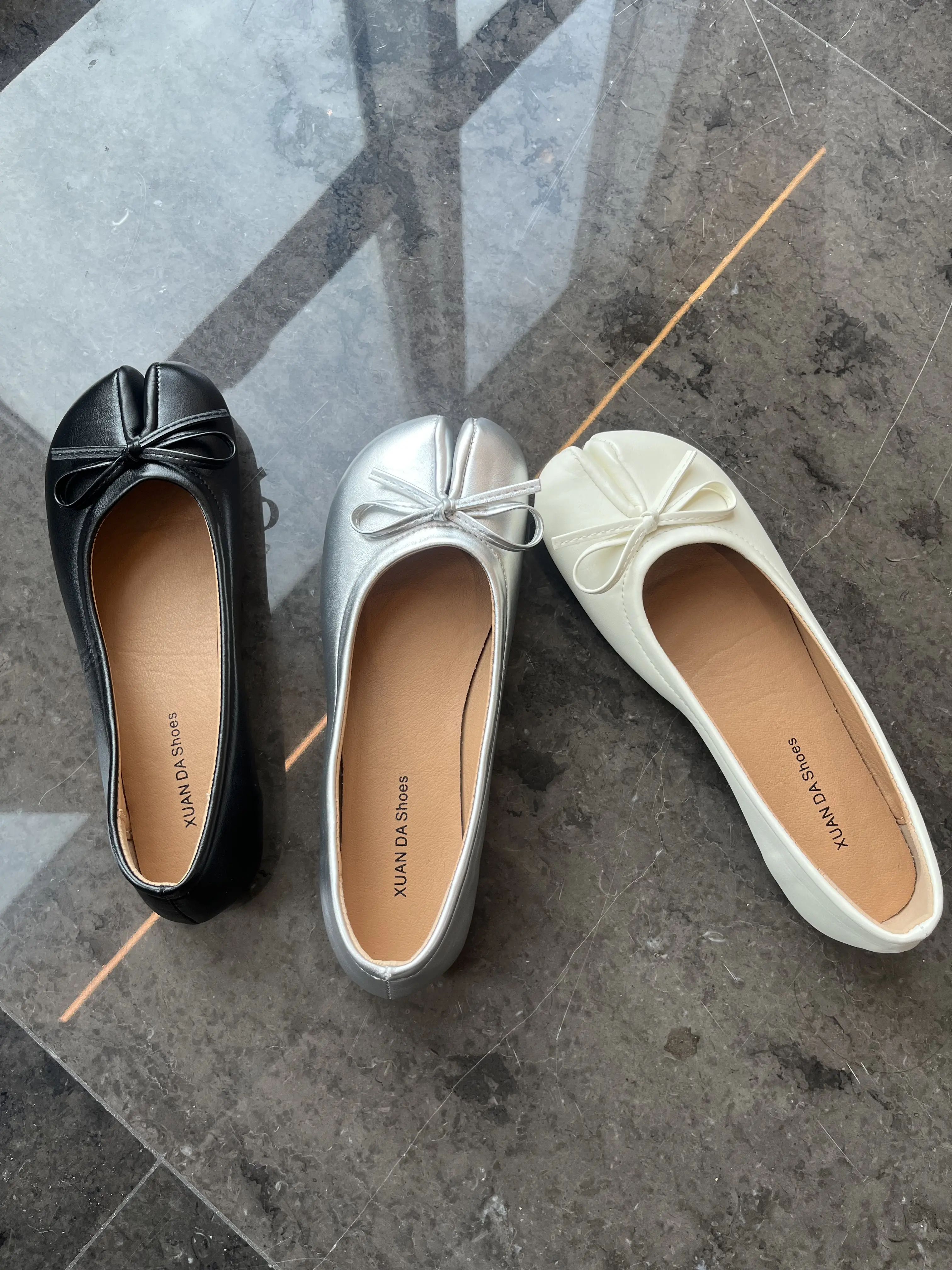 Bow Tabi Split-Toe Ballet Flats, Options (Silver/Black/White), Soft Leather Slip-On Shoes, Viral TikTok Comfy Loafers for Women