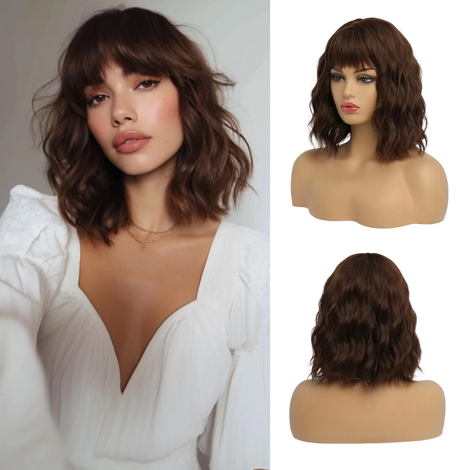 Shoulder Length Wavy Bob Wig with Bangs for Women Synthetic Hair Heat Resistant KOME Brown Curly Bob Wig with Bangs Short Wavy Brown mix  main image 3